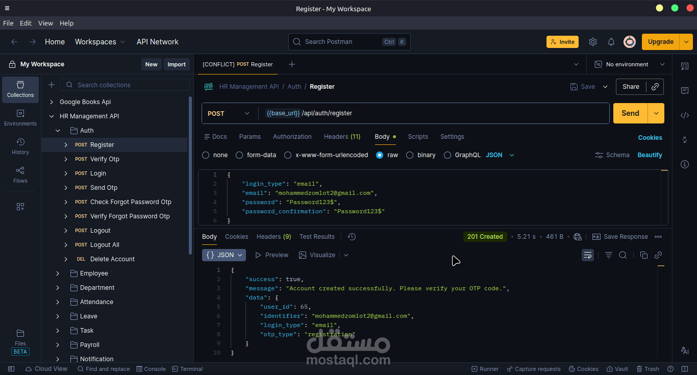 بناء واجهة برمجية متكاملة (RESTful API) لنظام إدارة الموارد البشرية (HRMS)