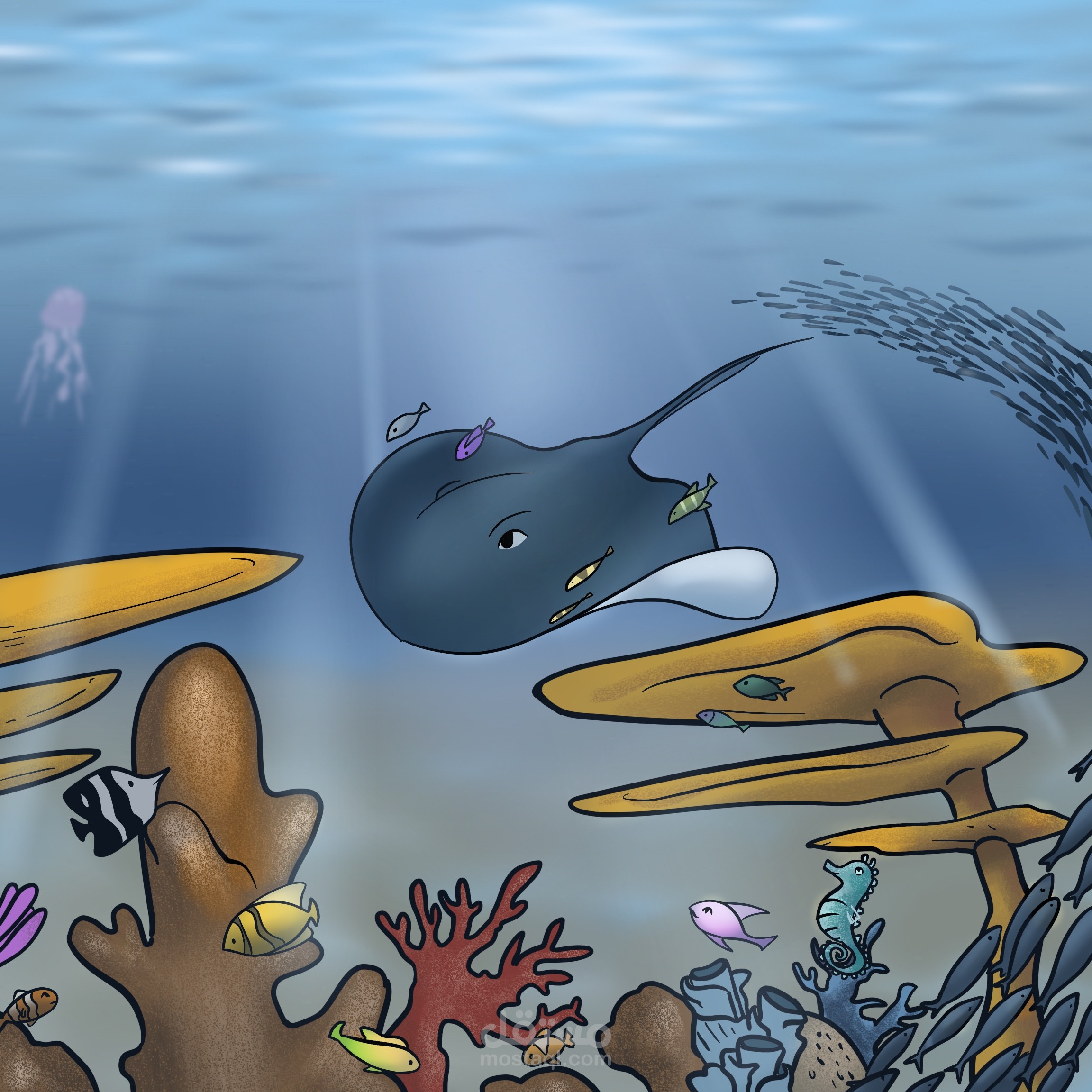 رسم مشهد بحري من قصة كرتونية للاطفال