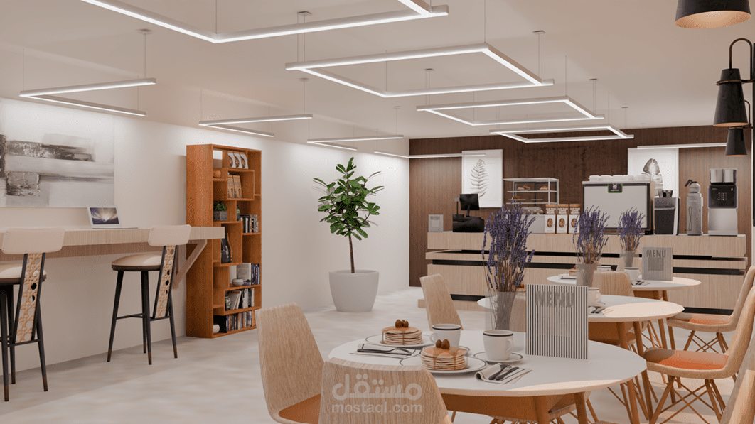 تصميم داخلي حديث لمقهى بمساحة صغيرة