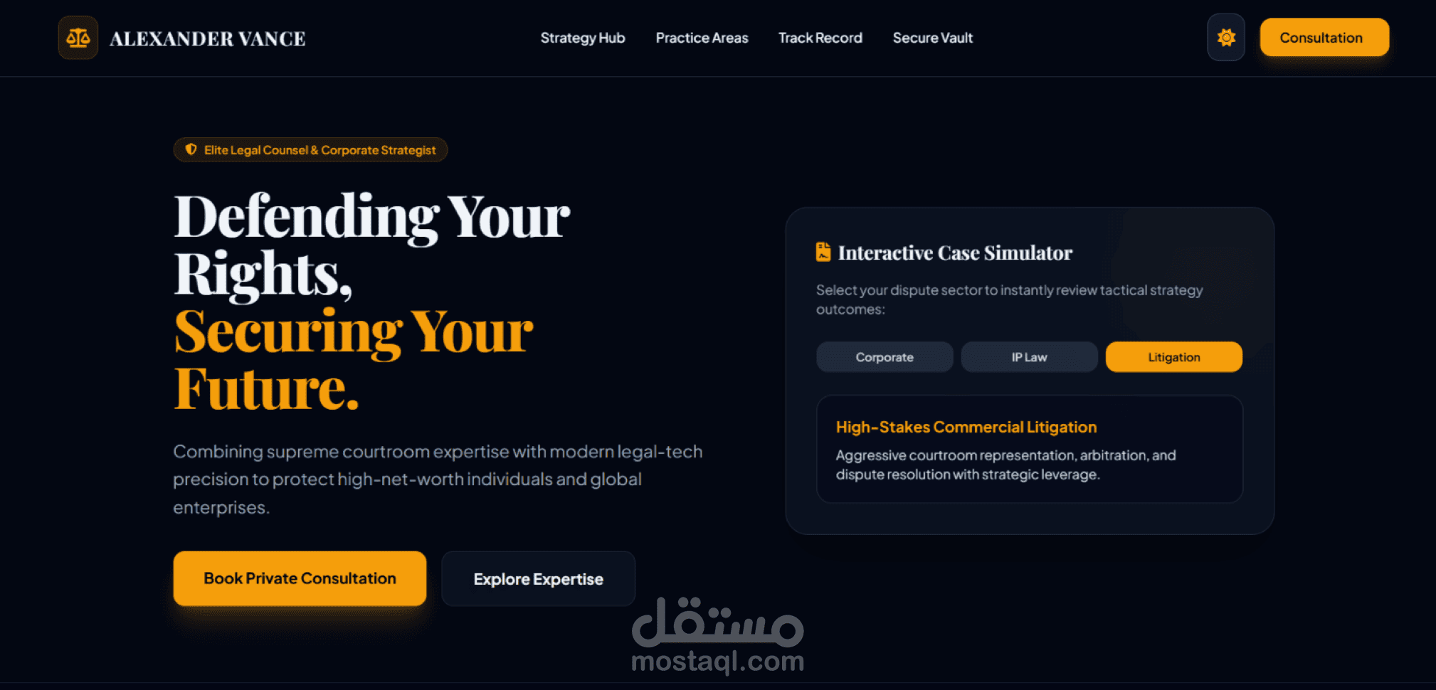 تصميم بورتفوليو قانوني عصري (Legal Portfolio) بلغة HTML, CSS, JavaScript مع Dark/Light Mode وتأثيرات تفاعلية مذهلة