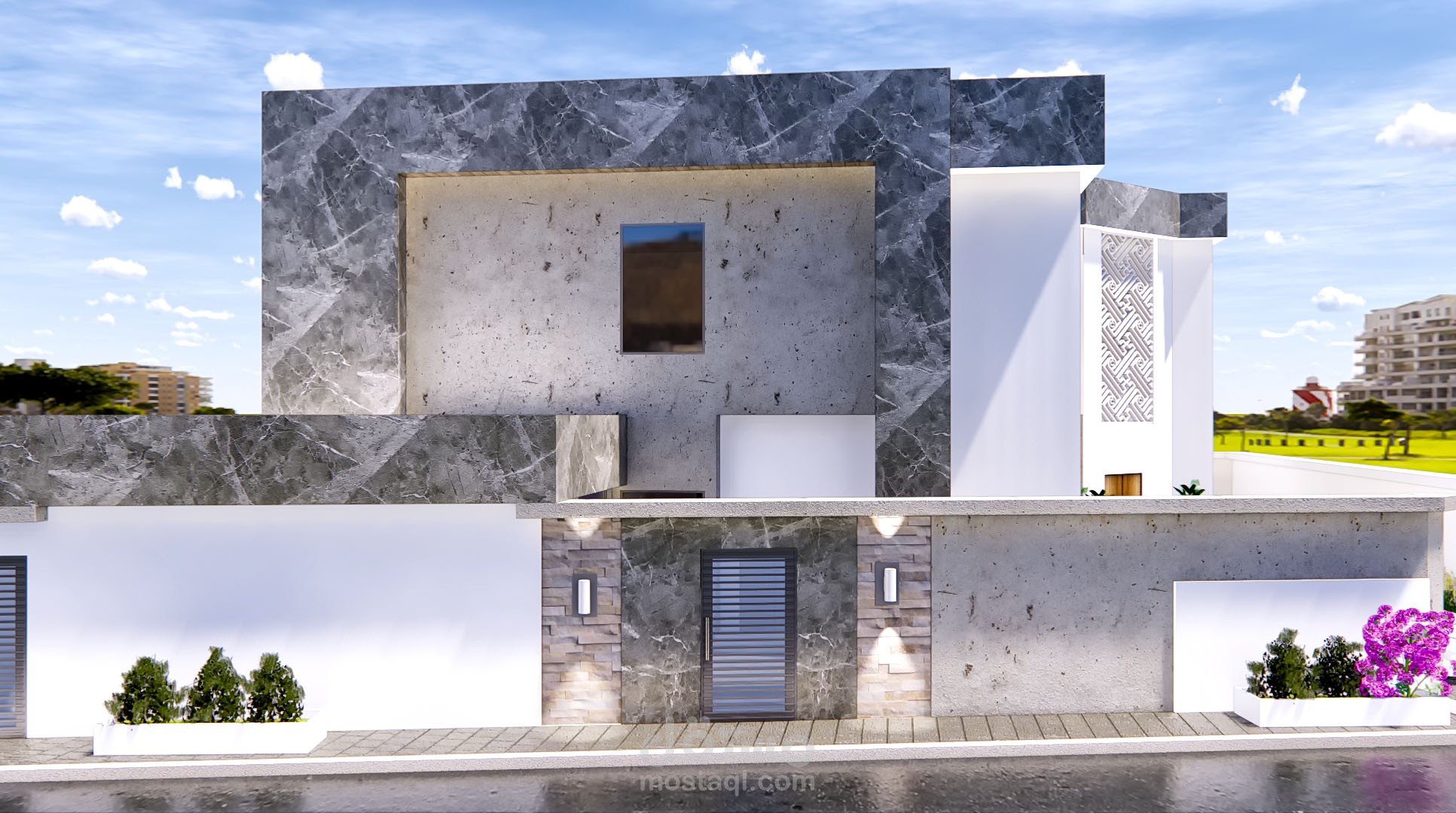 تصميم واجهة فيلا مودرن بخامات متناسقه في السعودية