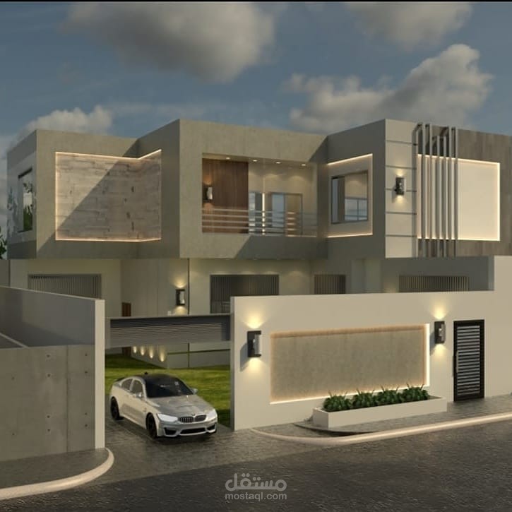 تصميم  واجهة فيلا مودرن  السعودية وخامات كسر رخام تيوبات حديد وبروفايل