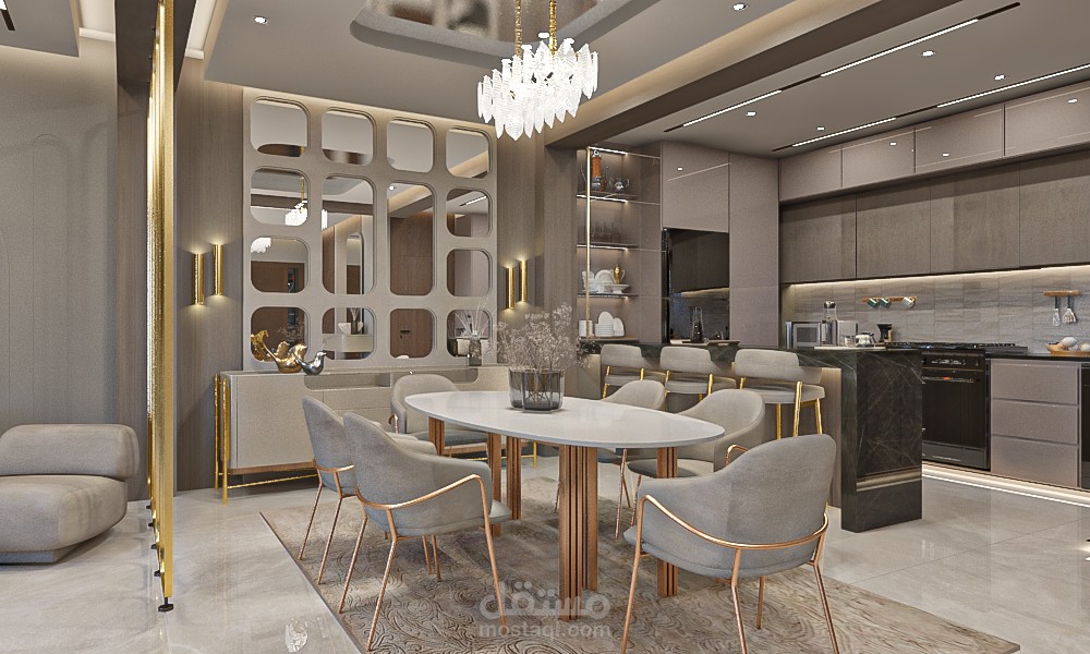 ENTRANCE, LIVING ROOM, DINING ROOM, SALON AND OPEN KITCHEN