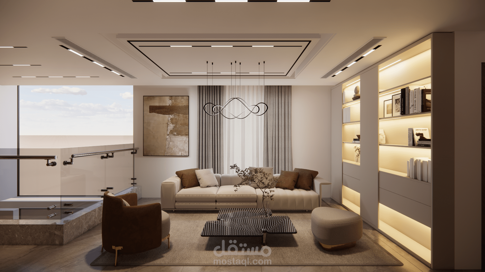 ليفينغ روم تصميم عصري مع لمسات نيوكلاسيكية