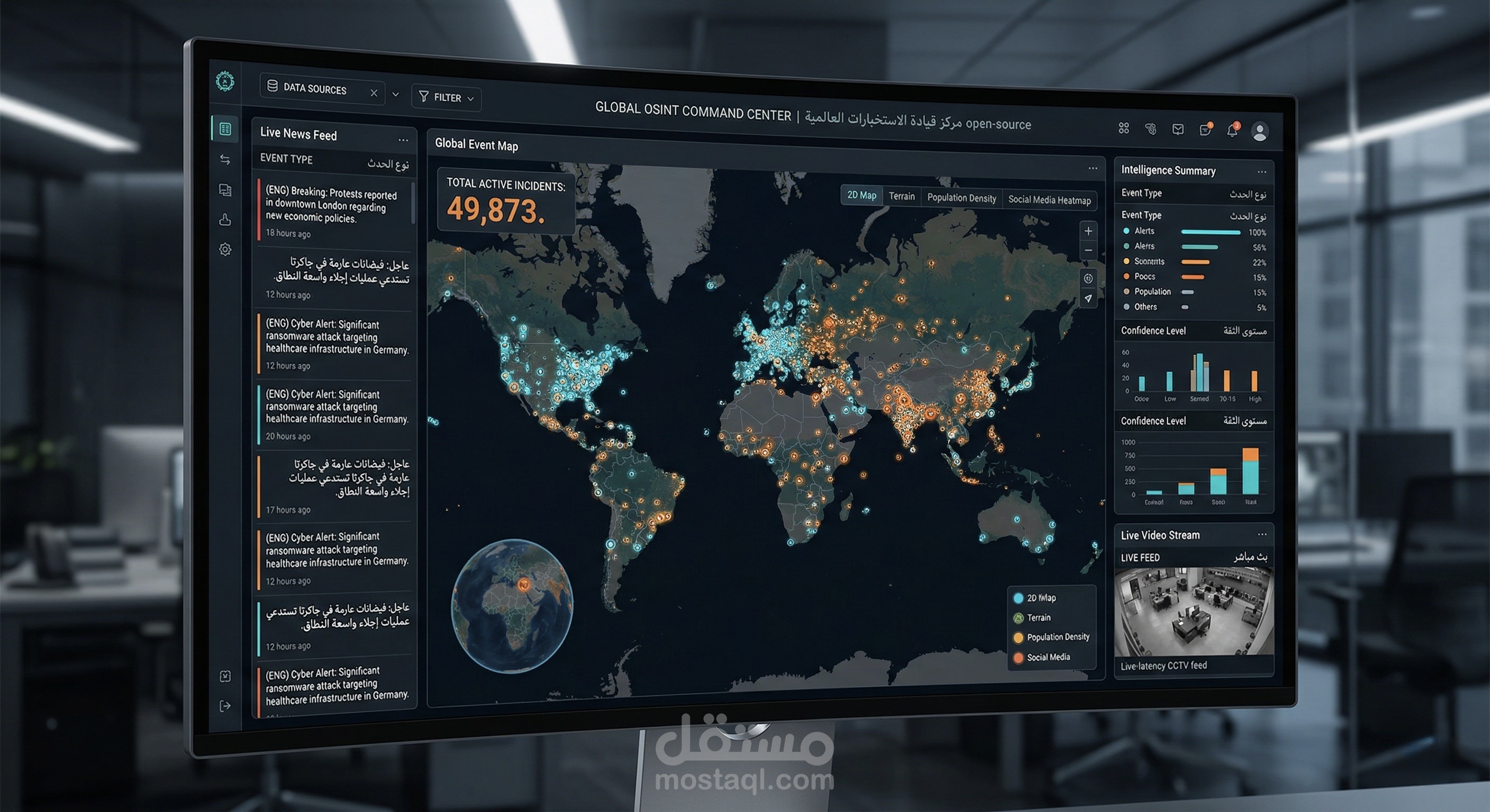 بناء لوحة تحكم OSINT متكاملة تجمع أكثر من 49,000 حدث عالمي على خريطة تفاعلية ثنائية وثلاثية الأبعاد مع تغذية إخبارية مباشرة وبث فيديو حي ومعلومات استخباراتية متعددة الطبقات — بالعربية والإنجليزية.