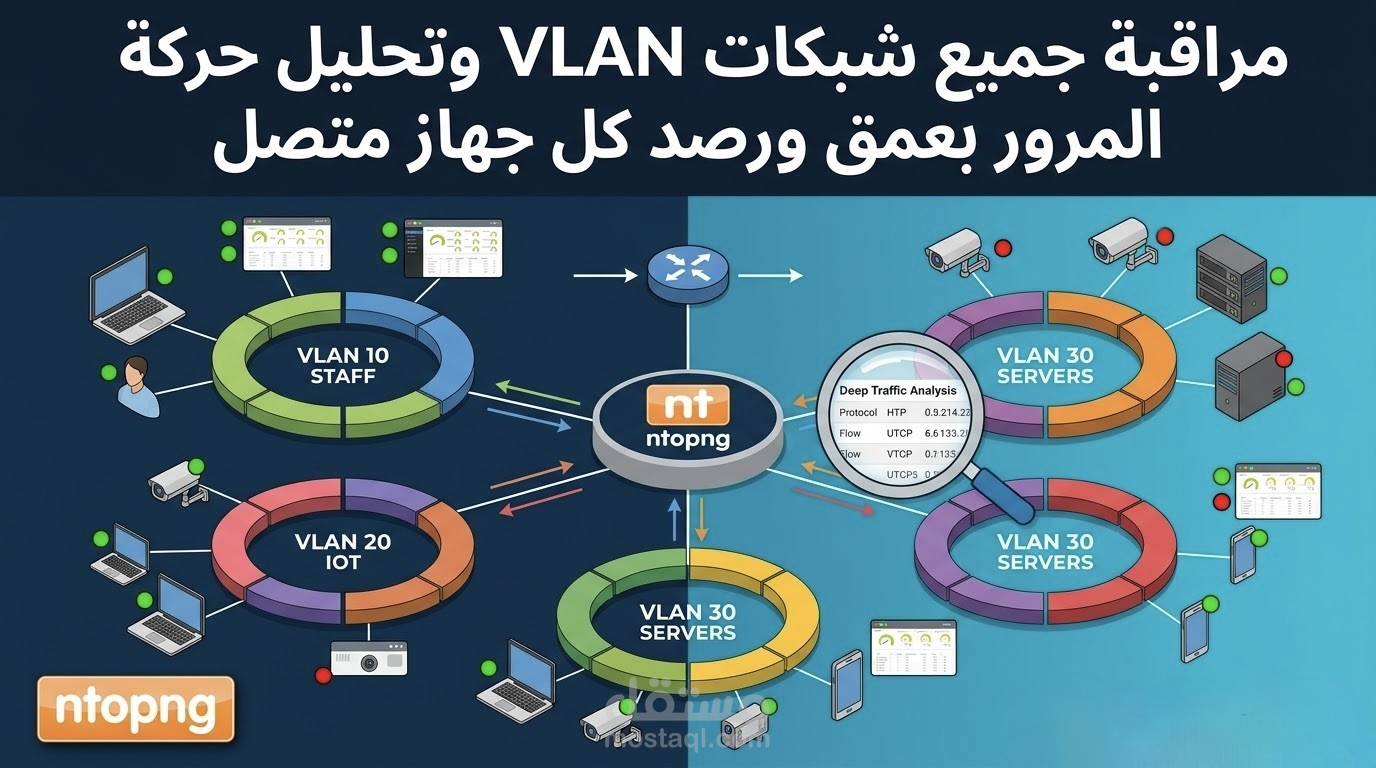 تثبيت ntopng لمراقبة جميع شبكات VLAN وتحليل حركة المرور بعمق ورصد كل جهاز متصل.