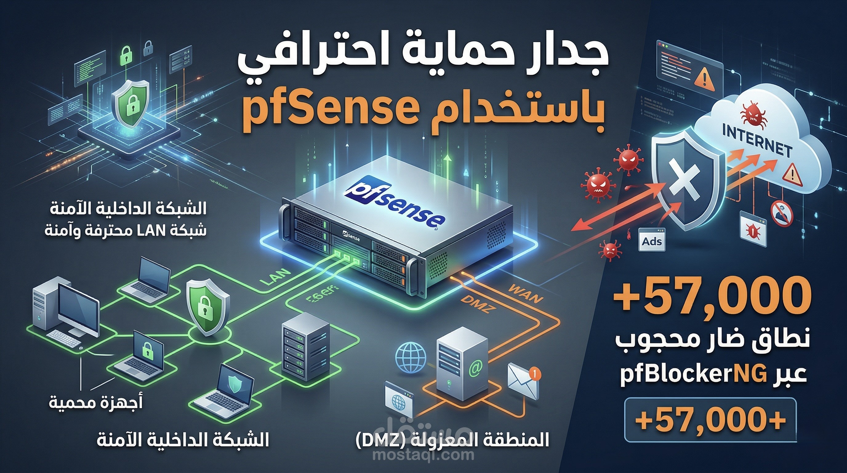 إعداد جدار حماية (Firewall) احترافي باستخدام pfSense  مع تقسيم الشبكات وتصفية DNS وحجب أكثر من 57,000 نطاق ضار باستخدام pfBlockerNG.
