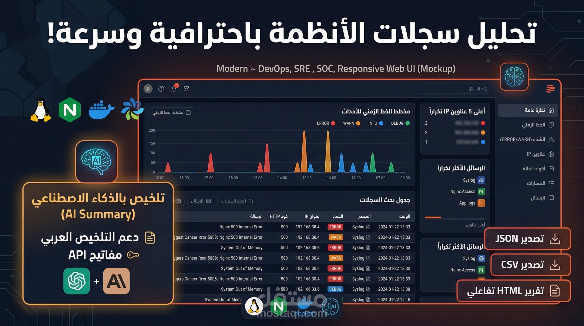 أداة تحليل Logs (syslog/nginx/app) مع تقرير تفاعلي