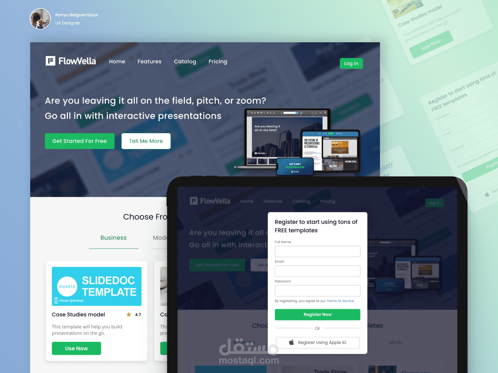 تصميم الصفحة الرئيسية و صفحة التسجيل لموقع FlowVella