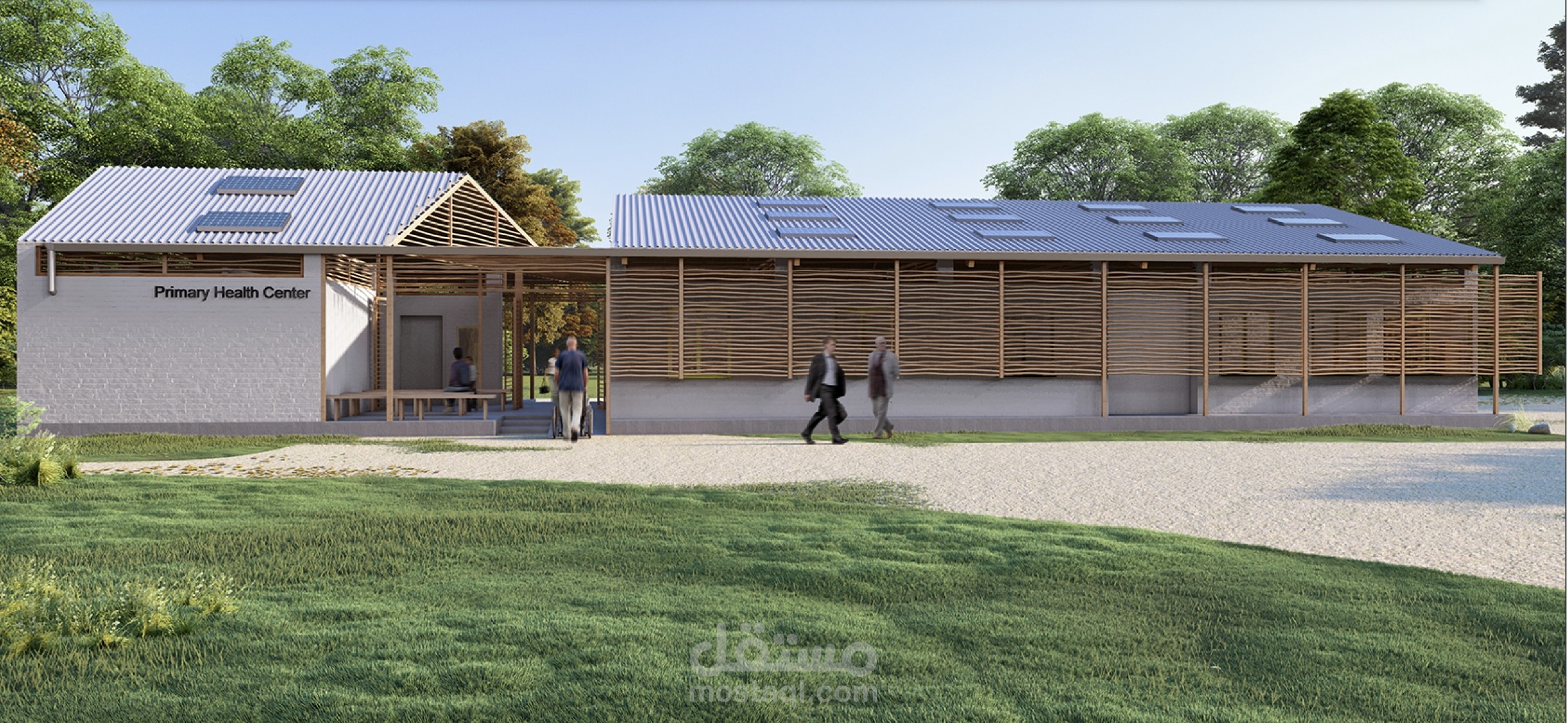 تصميم معماري كامل ونمذجة لمشروع مركز صحي ريفي بمواد محلية وتقنيات مستدامة