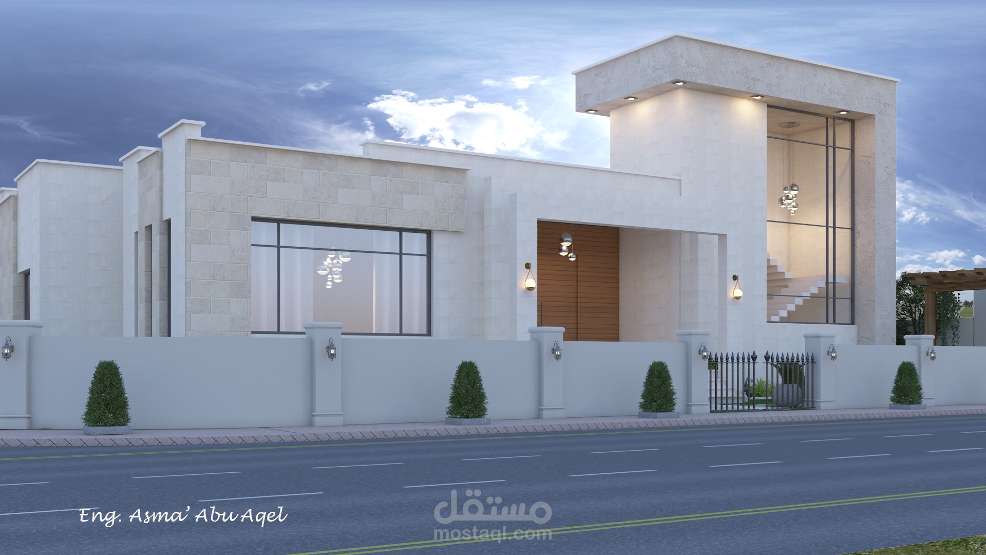 تصميم فيلا وحديقة خارجية على الطراز الحديث.