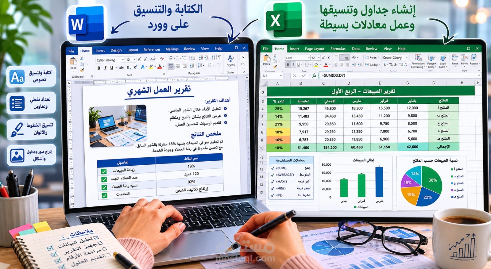 كتابة على الورد وإعداد جداول ومعادلات بسيطة أساسية على الاكسيل