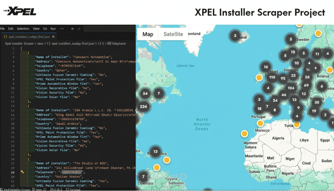 أداة لاستخراج بيانات مراكز تركيب منتجات شركة XPEL حول العالم