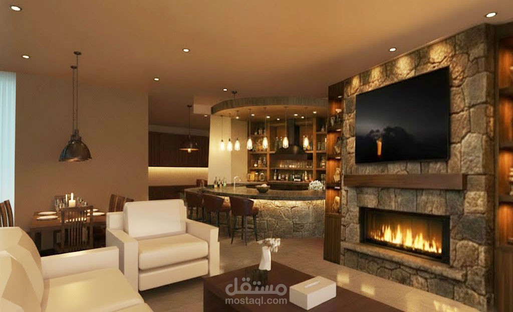 تصميم داخلي وإظهار معماري لغرفة معيشة مودرن بنمط "Rustic Modern
