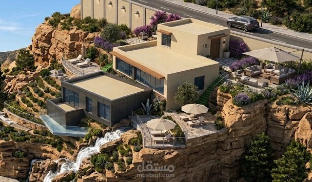 تصميم منتجع جبلي فاخر بنمط "Modern Minimalist" متناغم مع التضاريس الصعبة