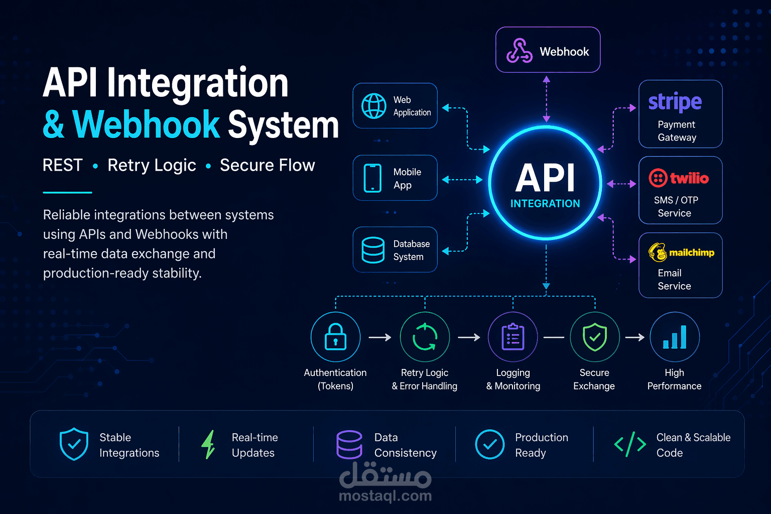 تنفيذ نظام تكامل APIs وربط أنظمة خارجية (REST / Webhooks)