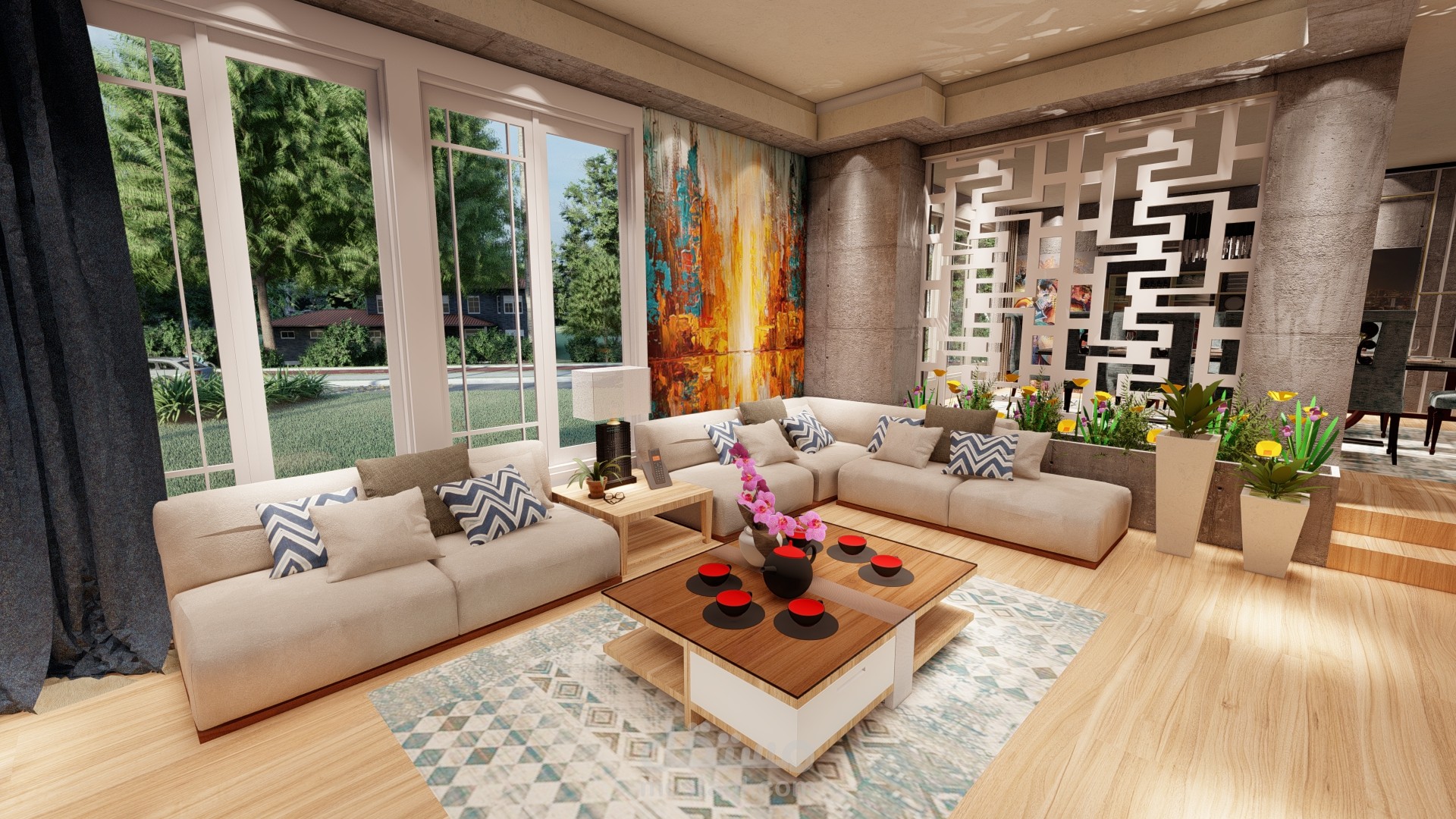 تصميم غرفة استقبال و طعام