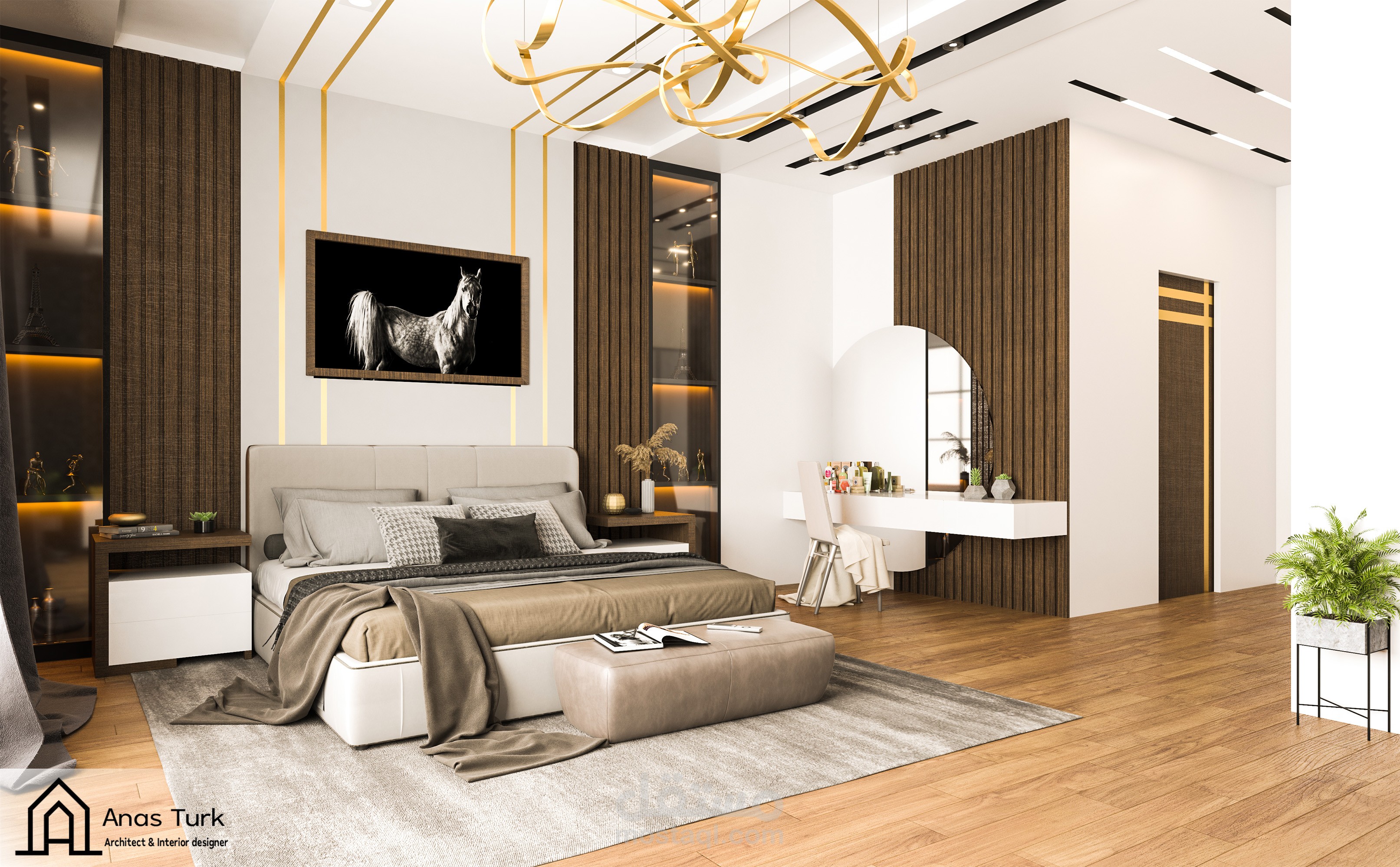 تصميم داخلي غرفة نوم رئيسية + غرفة ملابس