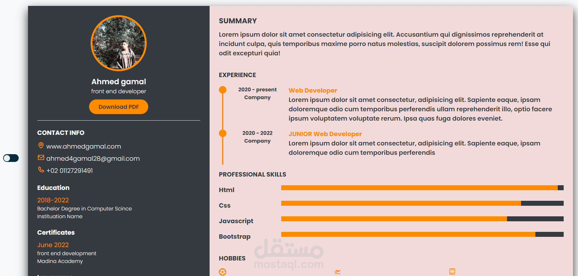 عمل cv من صفحه واحده مع امكانيه اضافه وضع dark mode