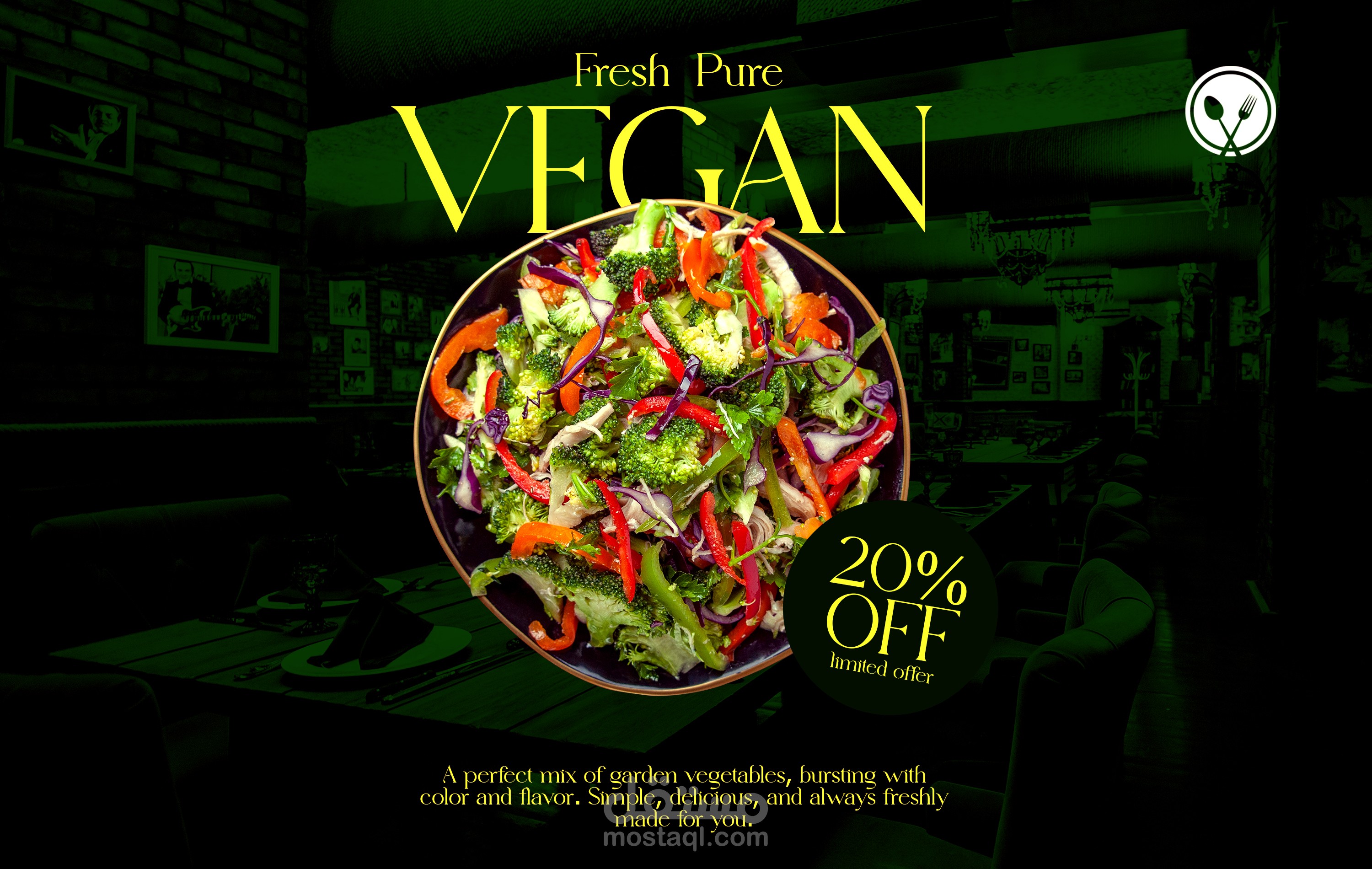 تصميم إعلاني تصوّري لمطعم أكل صحي.