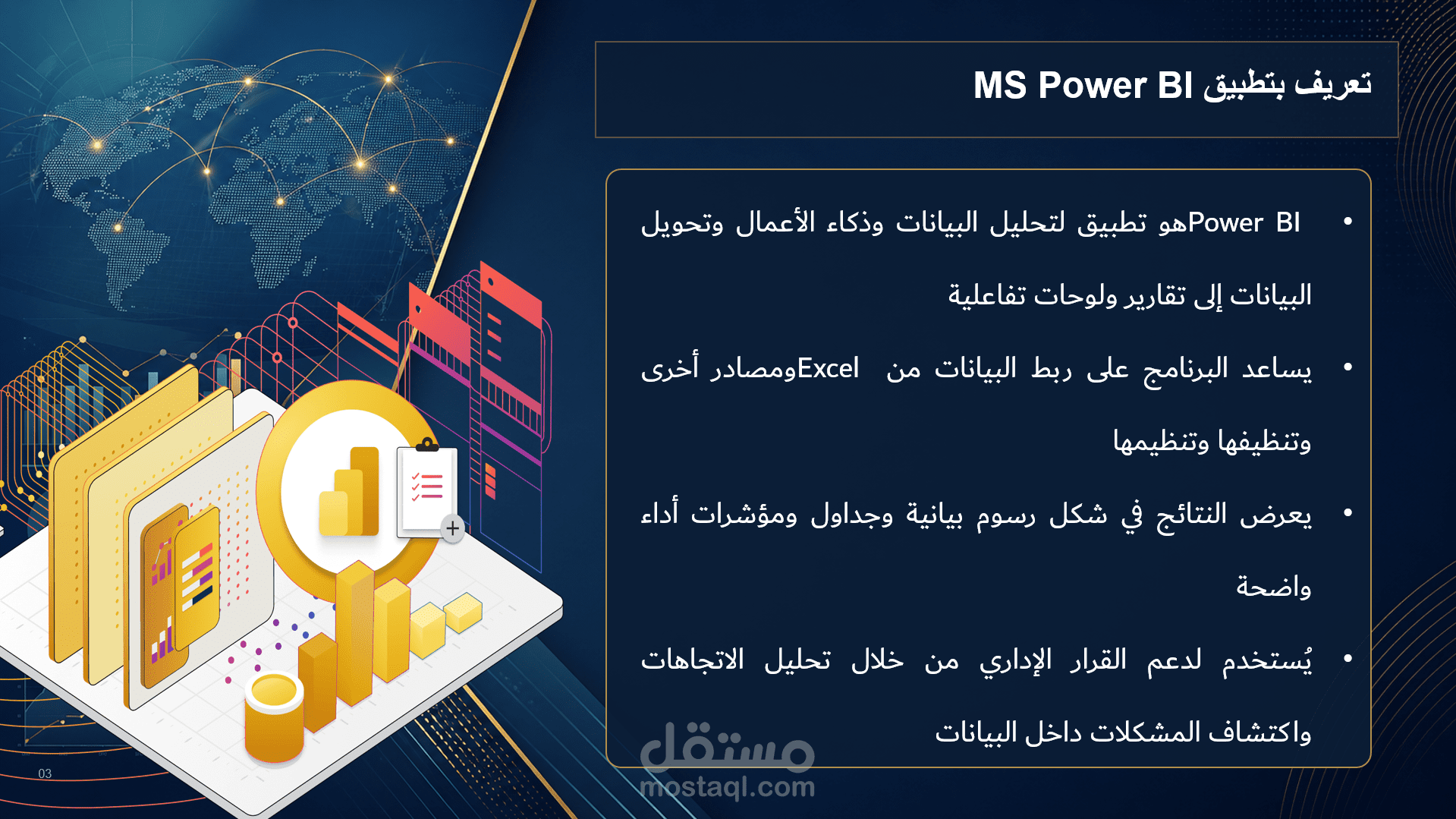 شرح كيفية استخدام تطبيق  MS POWER BIكأداة لتحليل البيانات التي يمكن بواسطتها مساندة متخذ القرار