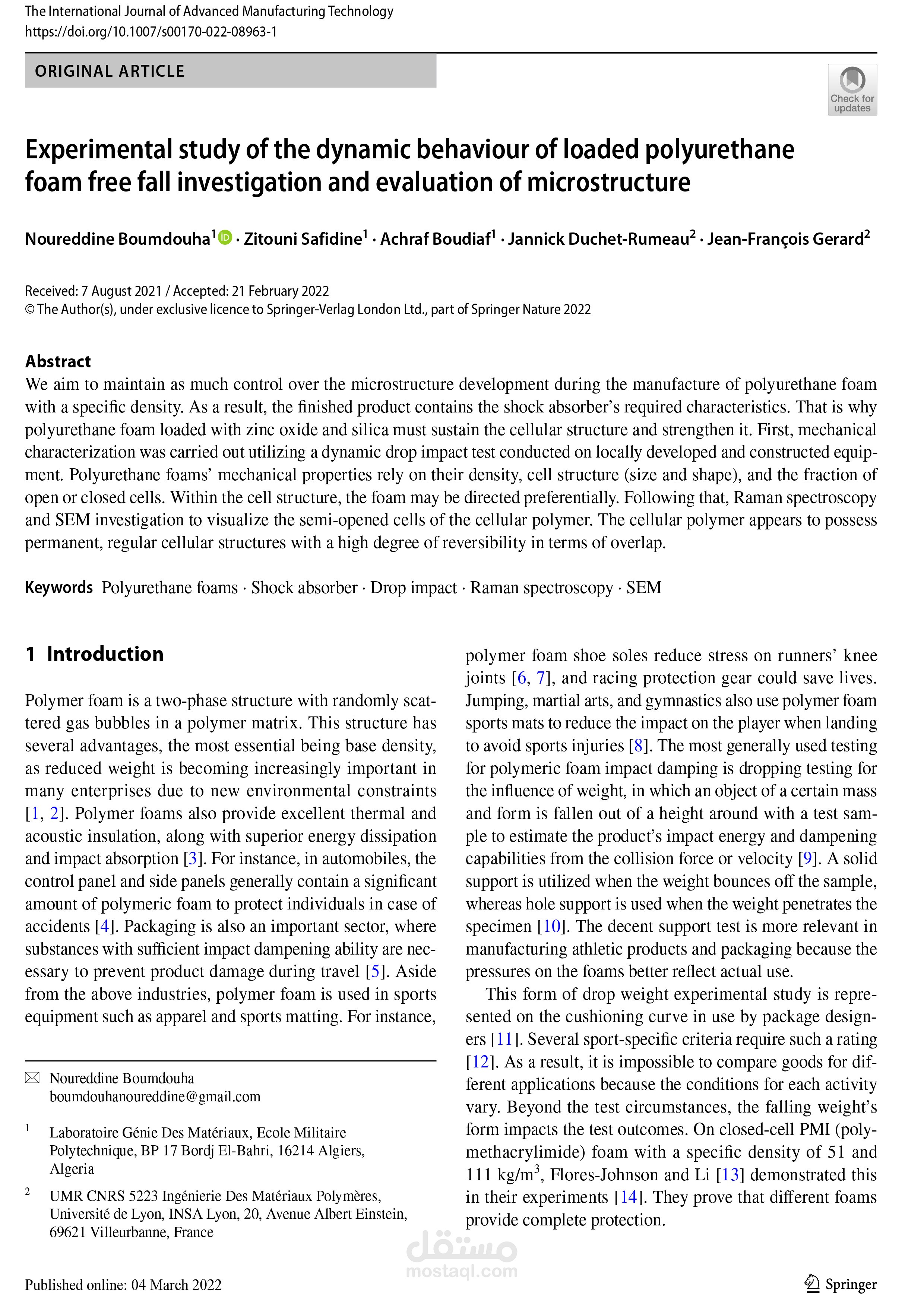 دراسة تجريبية للسلوك الديناميكي لرغوة البولي يوريثان المحملة بفحص السقوط الحر وتقييم البنية المجهرية Q1 Pub1_Dynamique mousse polyuréthane, microstructure, impact