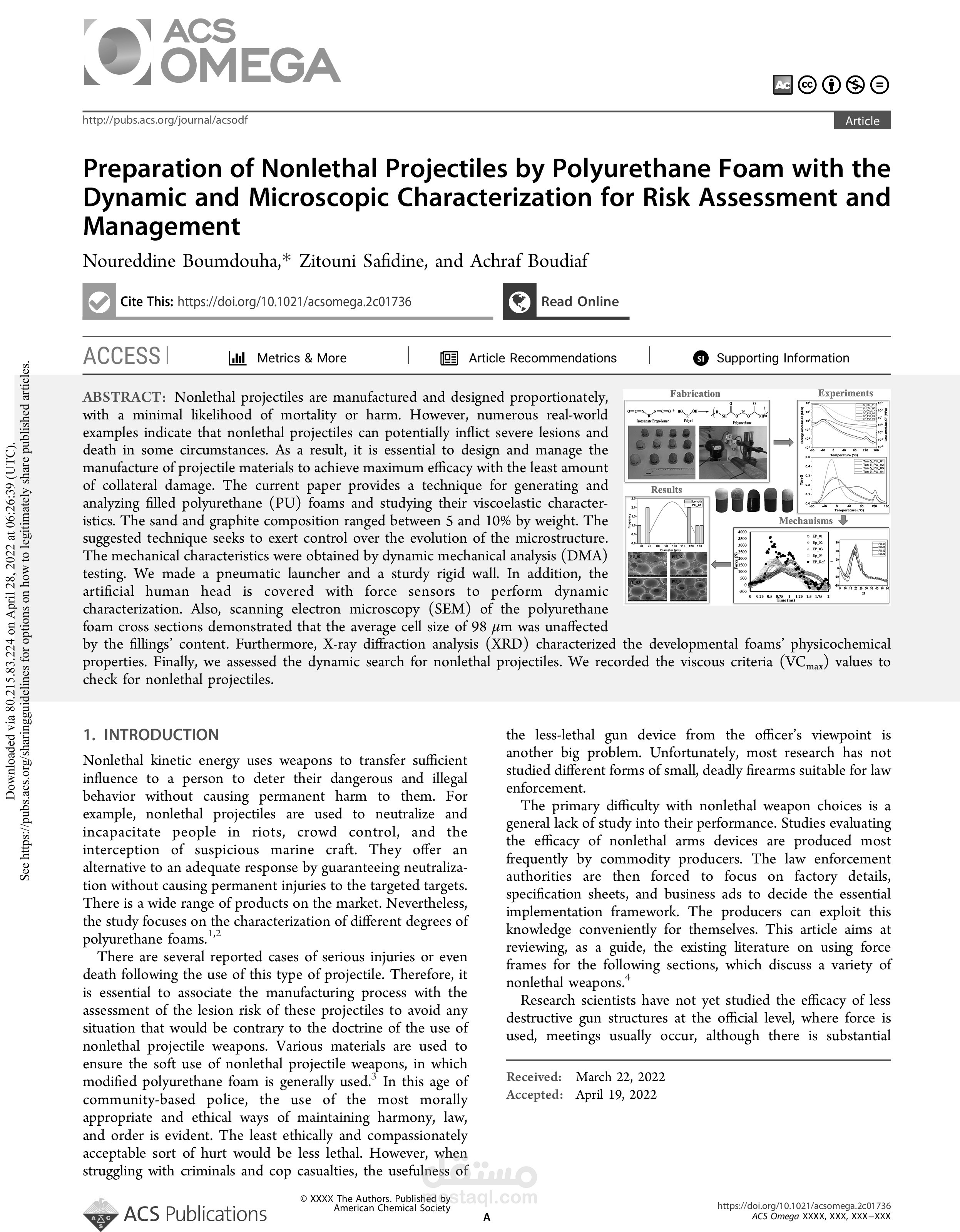 تحضير مقذوفات غير قاتلة بواسطة رغوة البولي يوريثان مع الخصائص الديناميكية والميكروسكوبية لتقييم المخاطر وإدارتها  Q1 Pub2_Projectiles non létaux, mousse polyuréthane, caractérisation