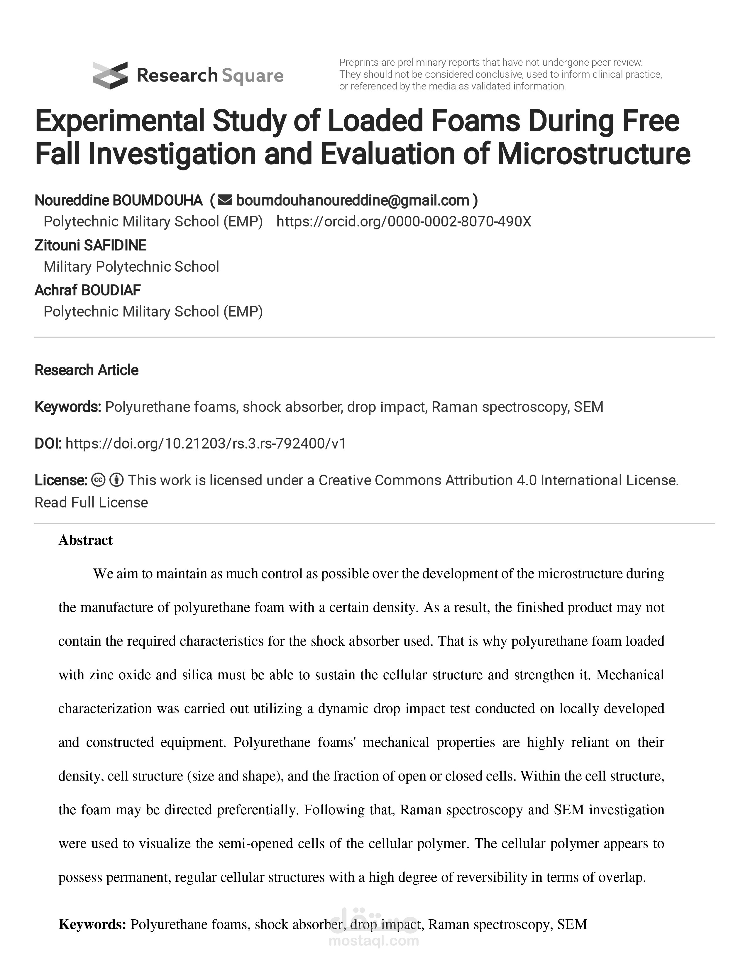 دراسة تجريبية للفوم المحمّل أثناء فحص السقوط الحر وتقييم البنية المجهرية  Q1 Pub4_Mousses chargées, chute libre, microstructure