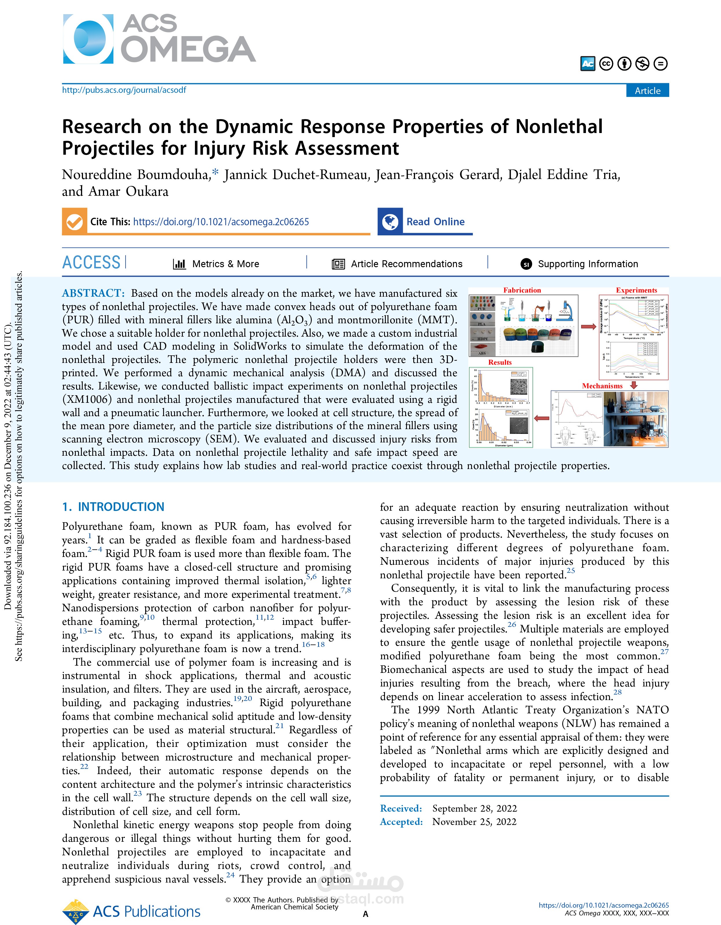 البحث عن خصائص الاستجابة الديناميكية للمقذوفات غير القاتلة لتقييم مخاطر الإصابةQ1 Pub3_Projectiles non létaux, mousse polyuréthane, dynamique