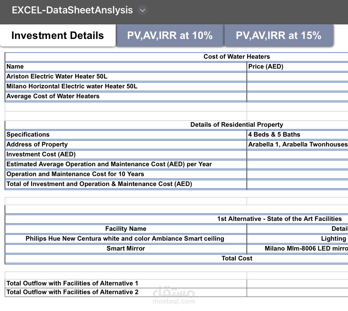 اكسل داتا لمشروع جامعي يخص الEngineering Economics