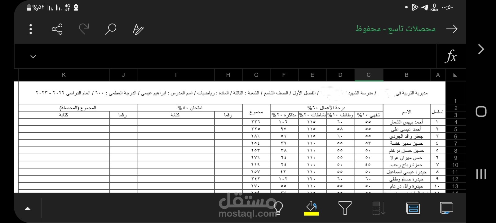 جدول محصلات دراسية للطلاب