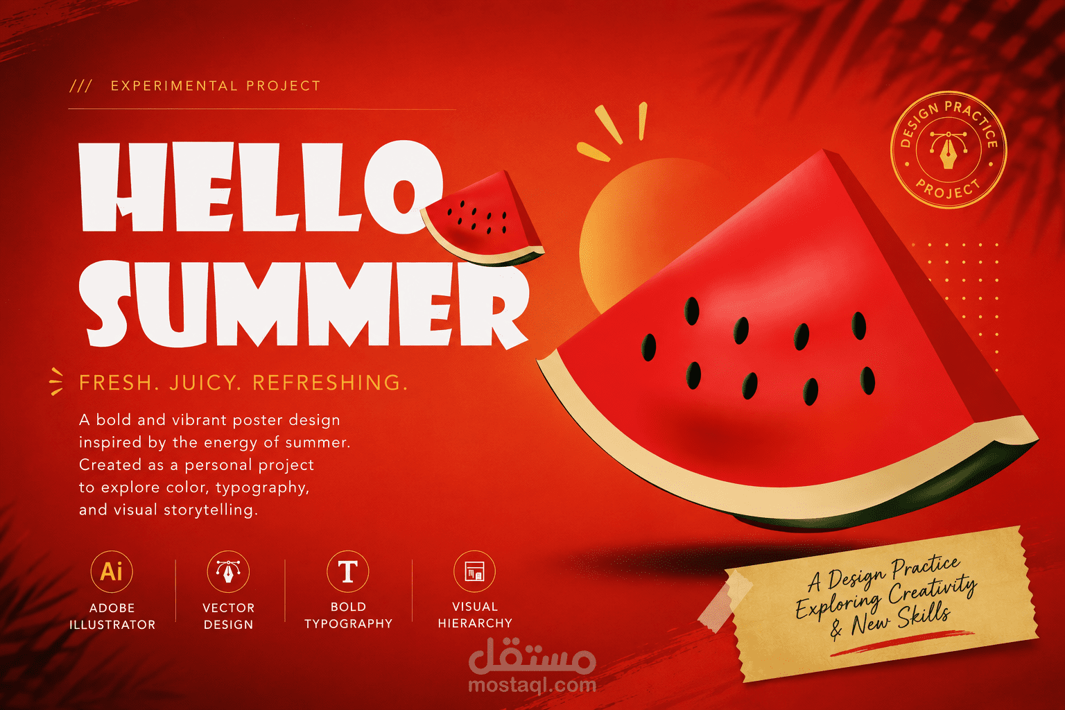 بوستر صيفي بعنوان Hello Summer قمت بتصميمه كأحد المشاريع التطبيقية خلال رحلتي في تعلم تصميم الجرافيك باستخدام Adobe Illustrator