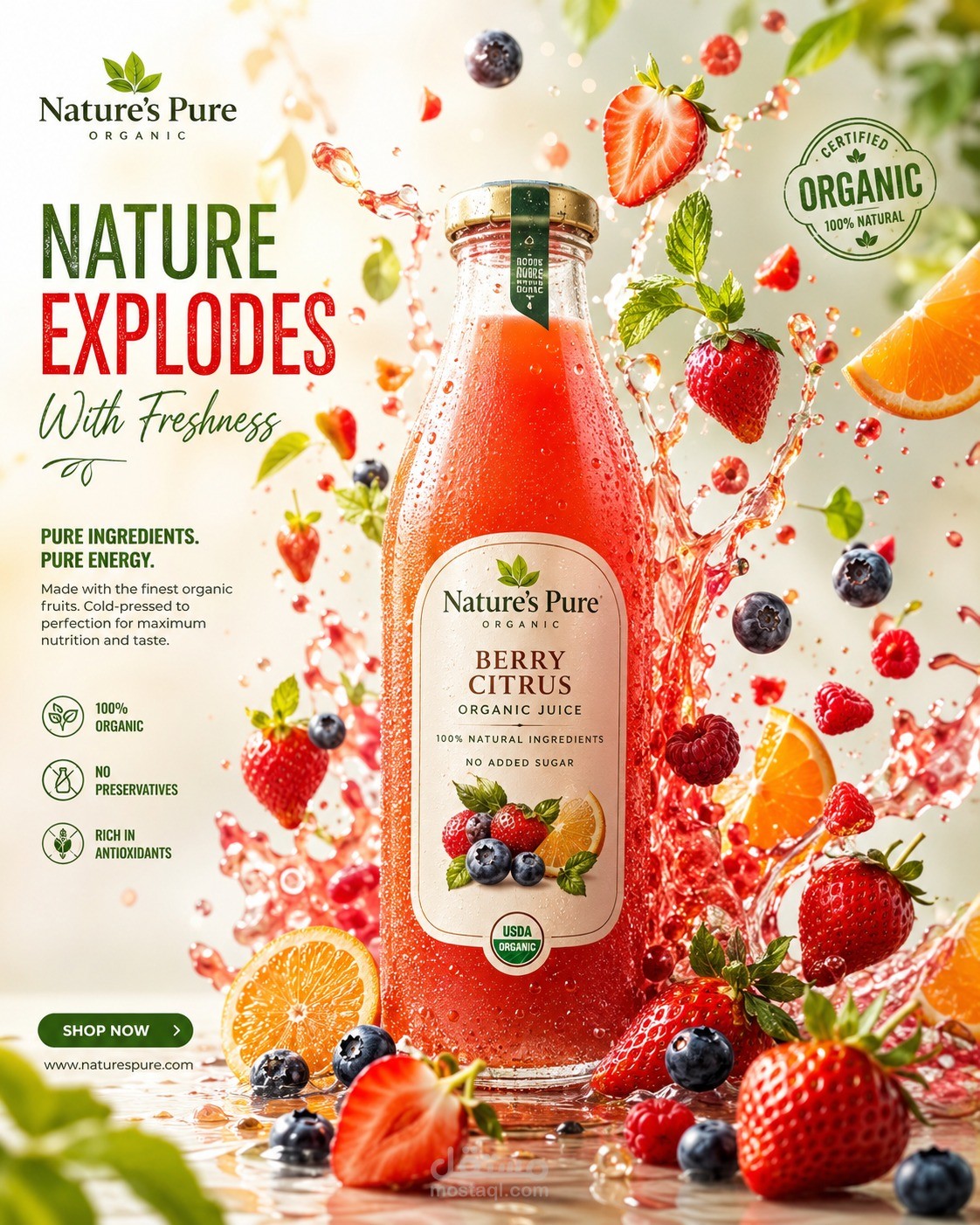 تصميم بوستر إعلاني ترويجي لعصير طبيعي - Nature's Pure Organic