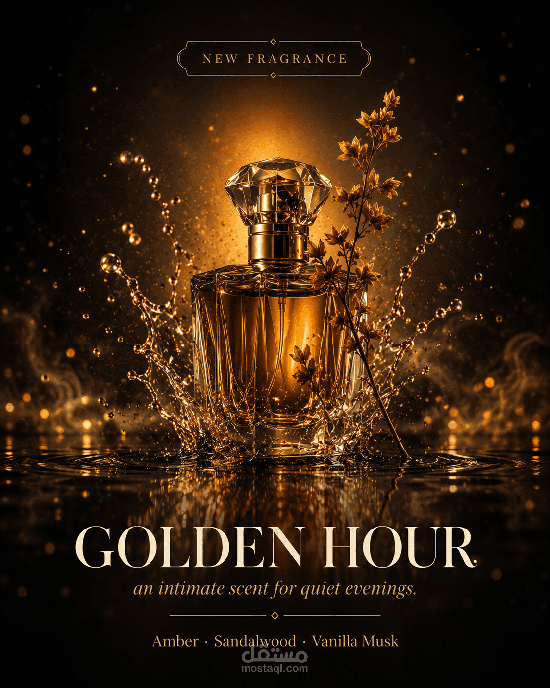 تصميم بوستر إعلاني فاخر لعطر رجالي/نسائي - Golden Hour Fragrance