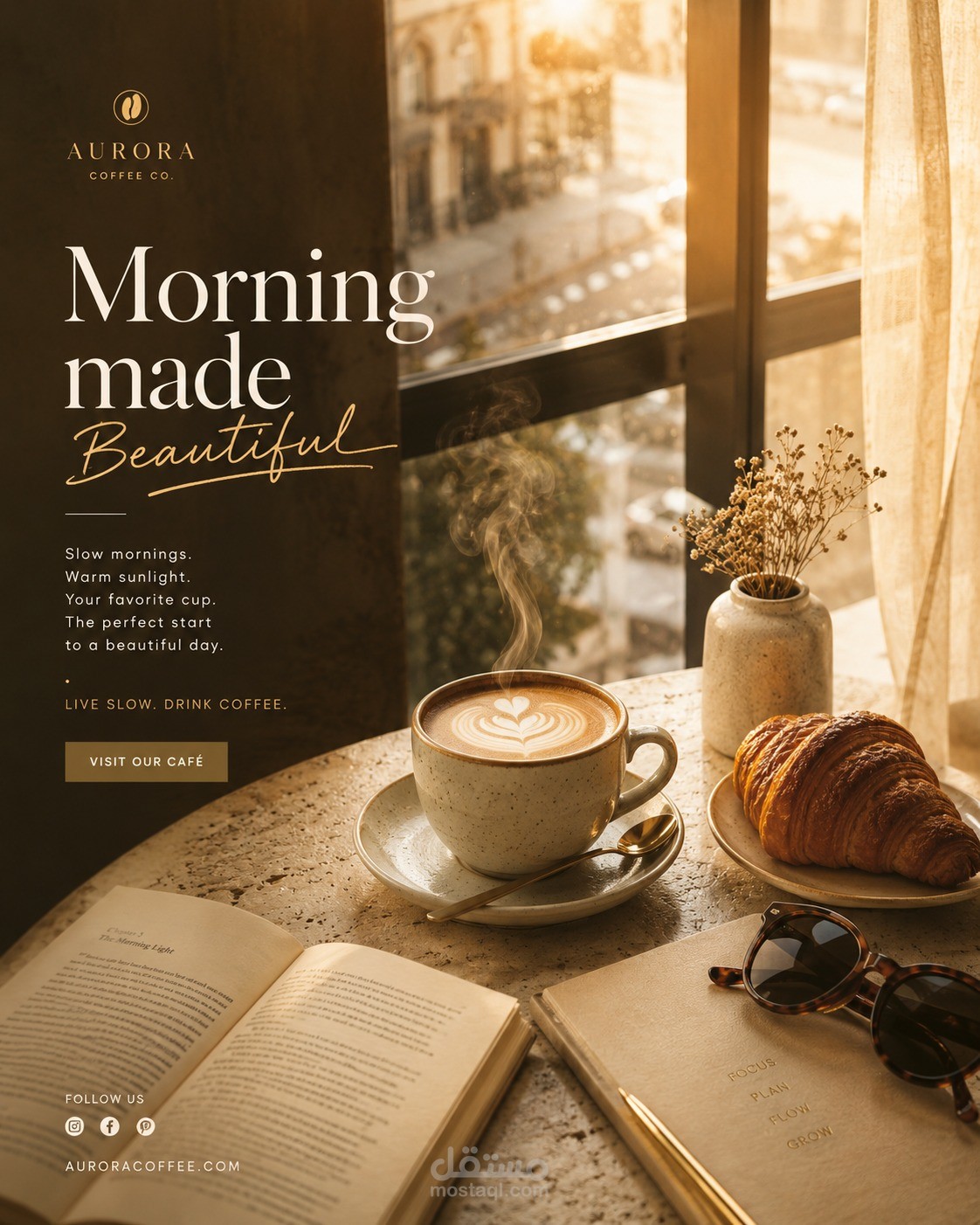 تصميم بوستر إعلاني لتجربة كافيه ومقهى هادئ - Aurora Coffee Co.