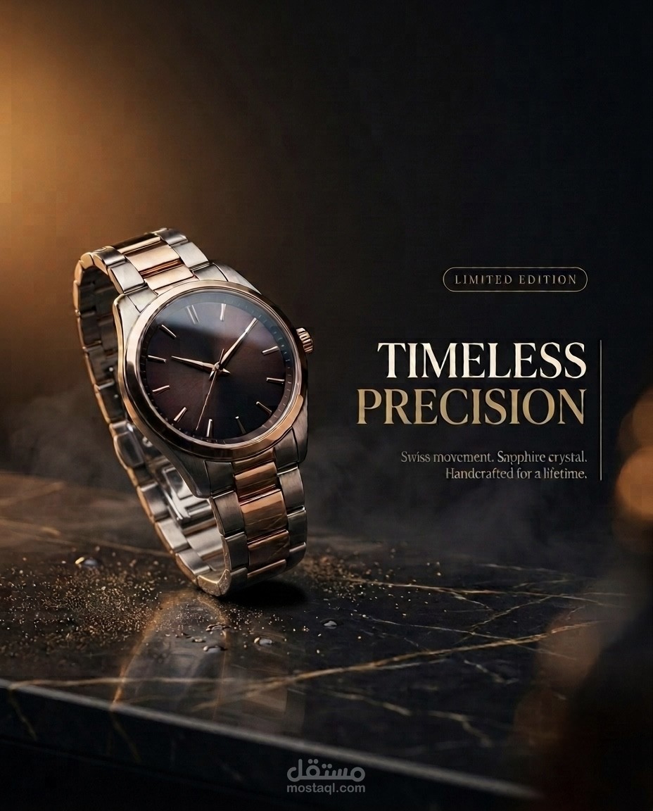 تصميم بوستر إعلاني فاخر لساعة يد ثنائية اللون - Timeless Precision Watch