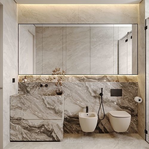 تصميم حمام مودرن رخام لفيلا سكنيه بانيو و شاور بوكس و قواعد دفن