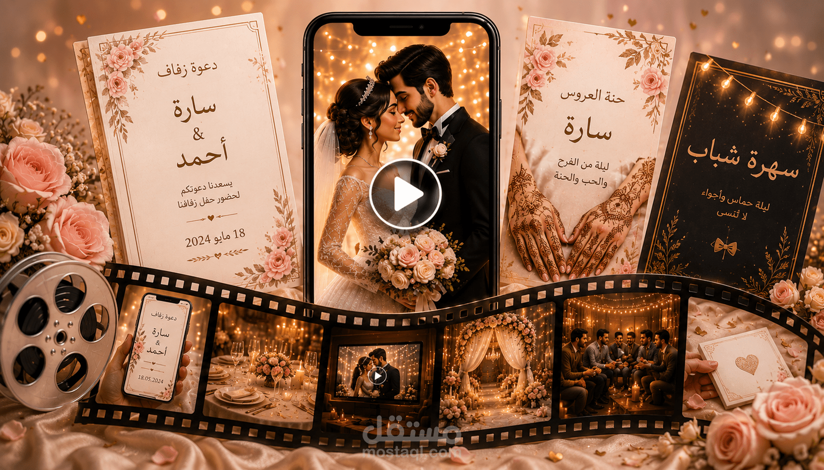 تصميم فيديو دعوة إلكتروني للأفراح بأسلوب سينمائي جذاب