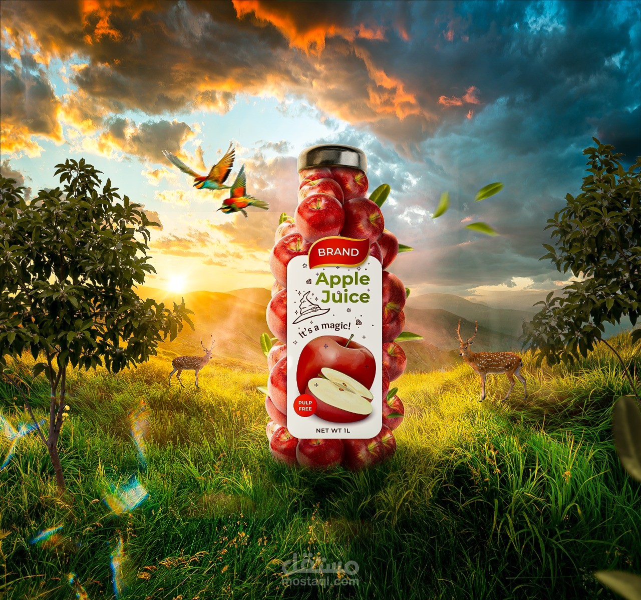تصميم ملصق جذاب لعصير تفاح طبيعي بإضاءة غروب ساحرة