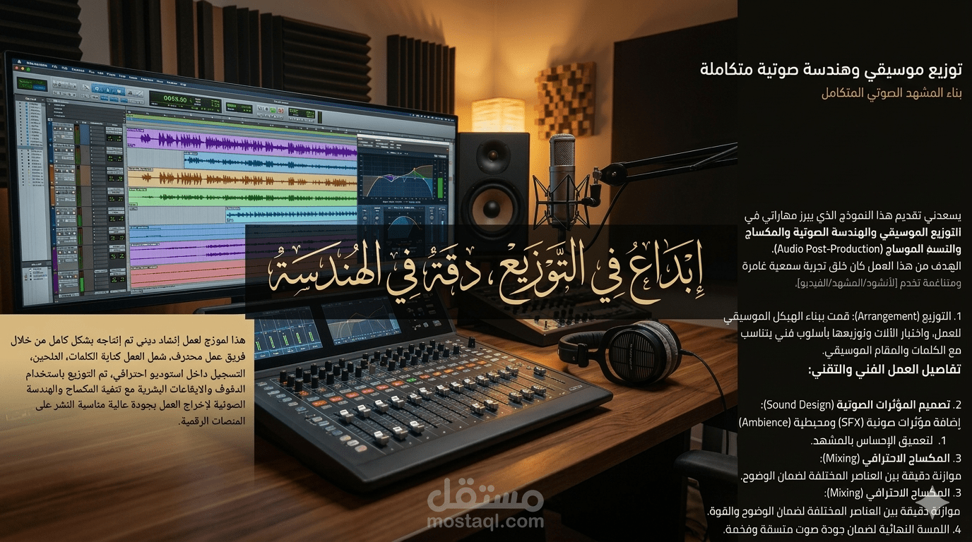 "توزيع موسيقي وهندسة صوتية متكاملة لـ [أنشودة/مشهد]"