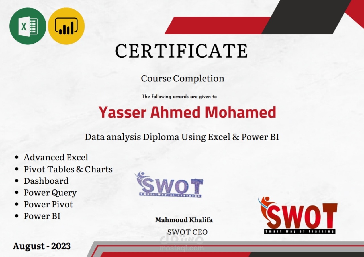 شهادة كورس في Data analysis