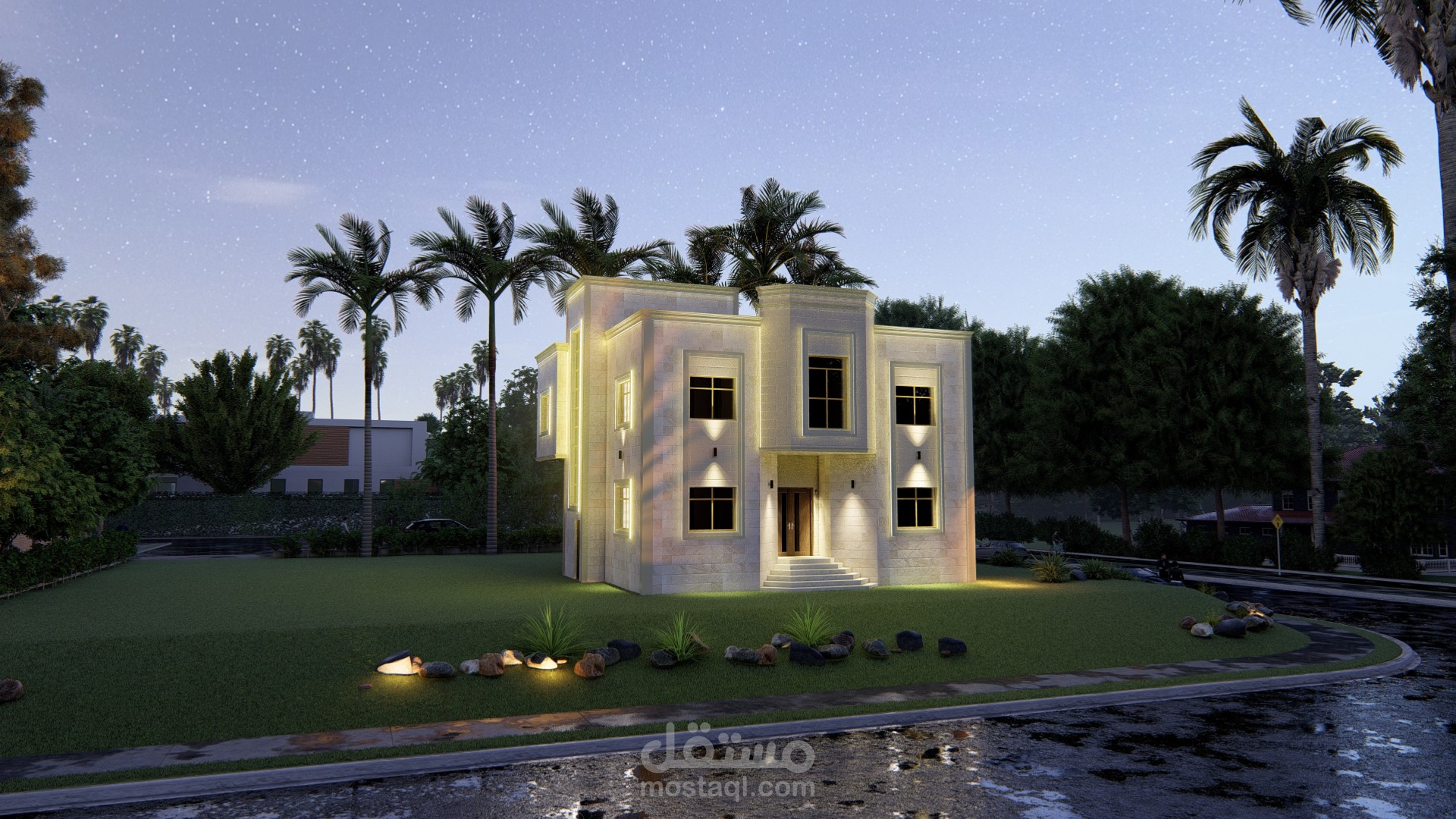 تصميم خارجي لفيلا بنمط نيوكلاسيك أنيق