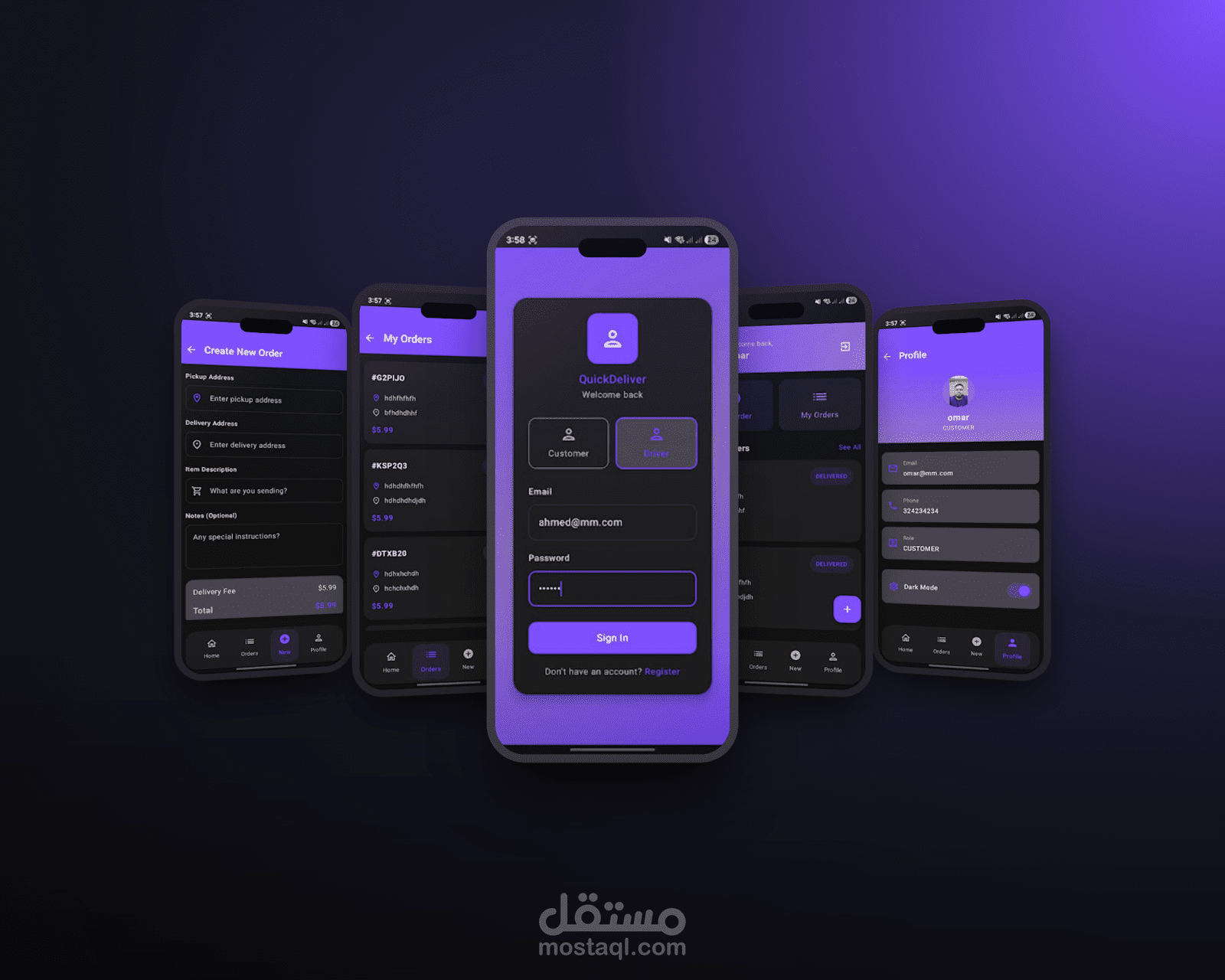 QuickDeliver – تطبيق توصيل لحظي (عميل + مندوب) بـ Firebase Realtime