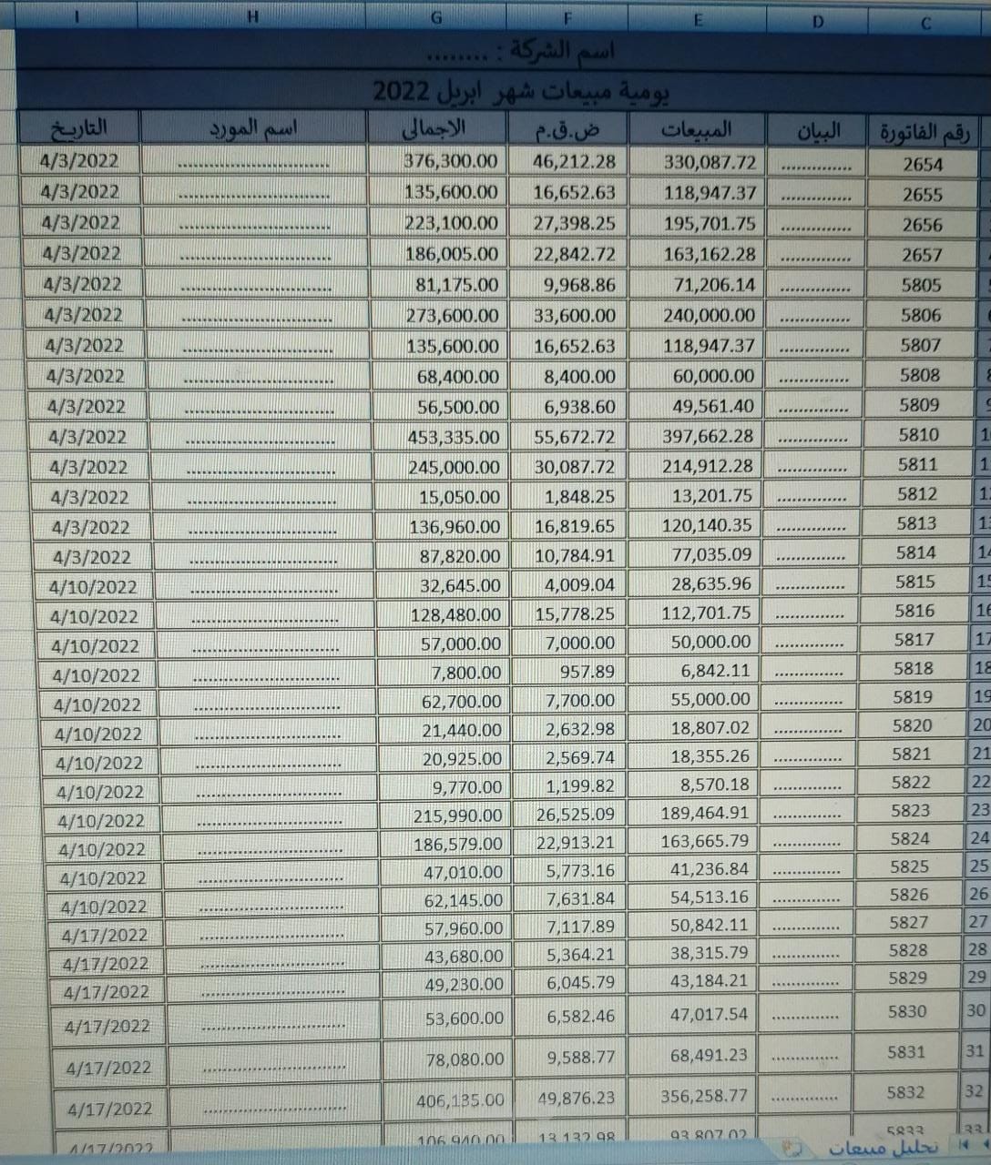 ادخال بيانات فواتير مبيعات على الاكسيل