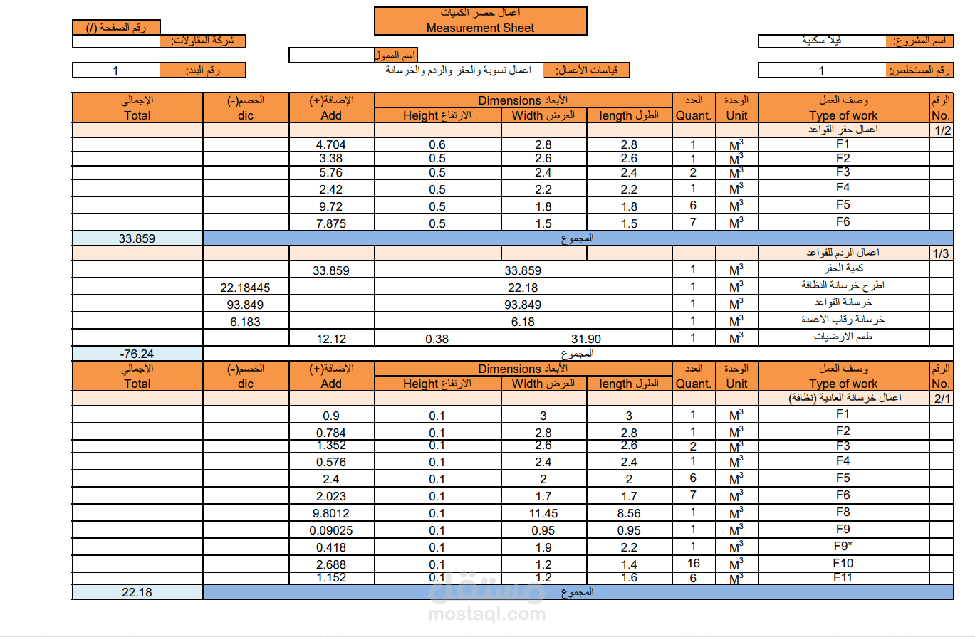 حساب وحصر كميات فيلا سكنية حسب السوق السعودية