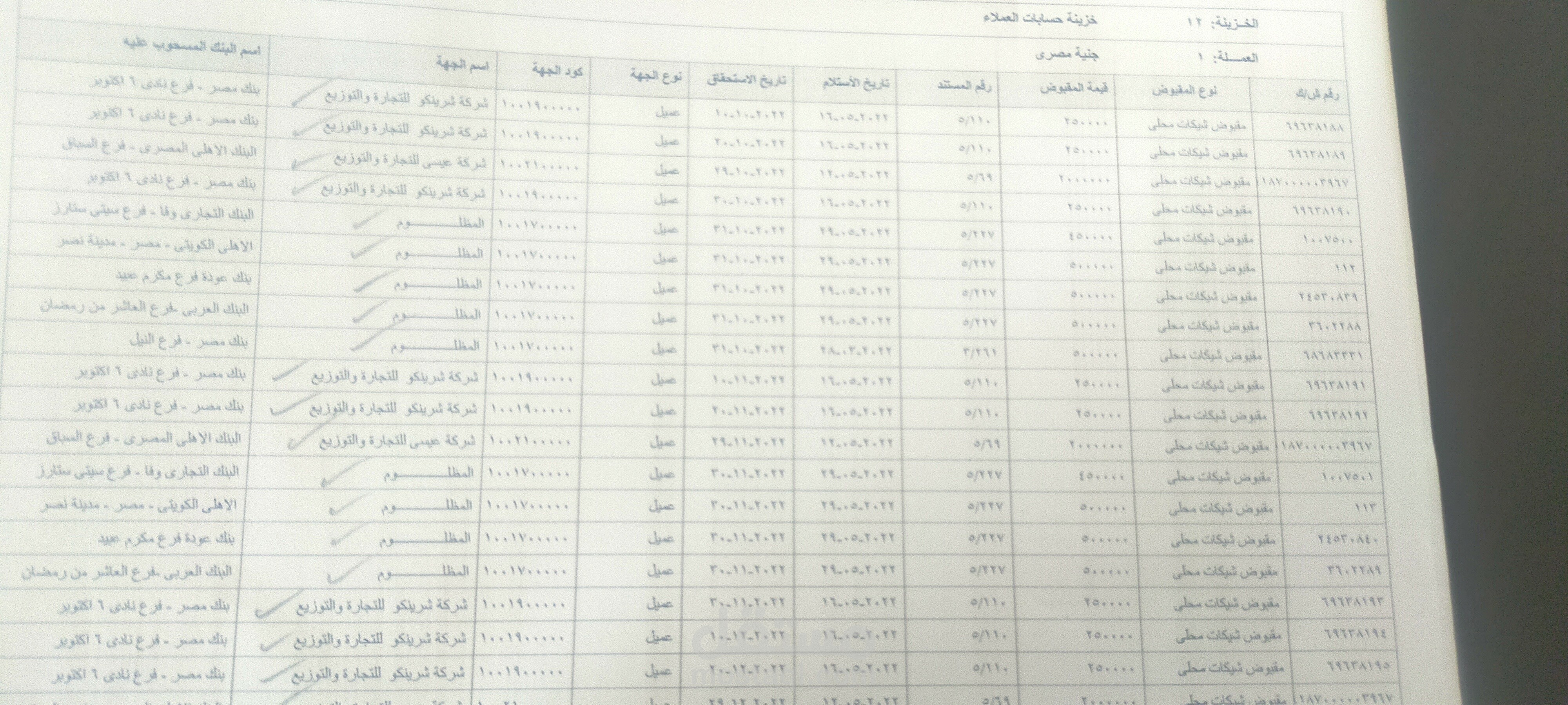 كشف بشيكات العملاء المستلمة خلال الشهر
