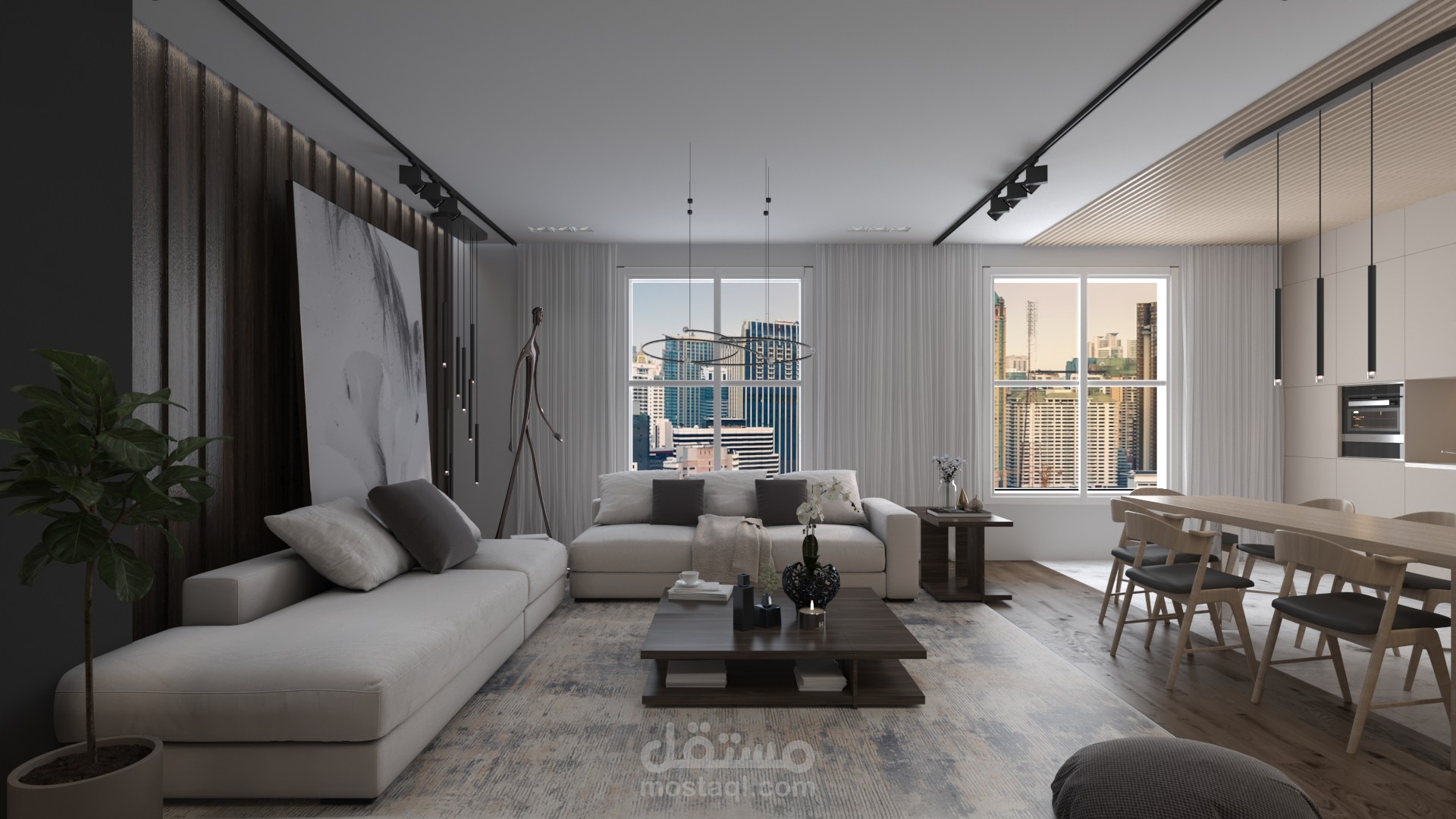تصميم فراغ مطبخ وغرفة معيشة مودرن