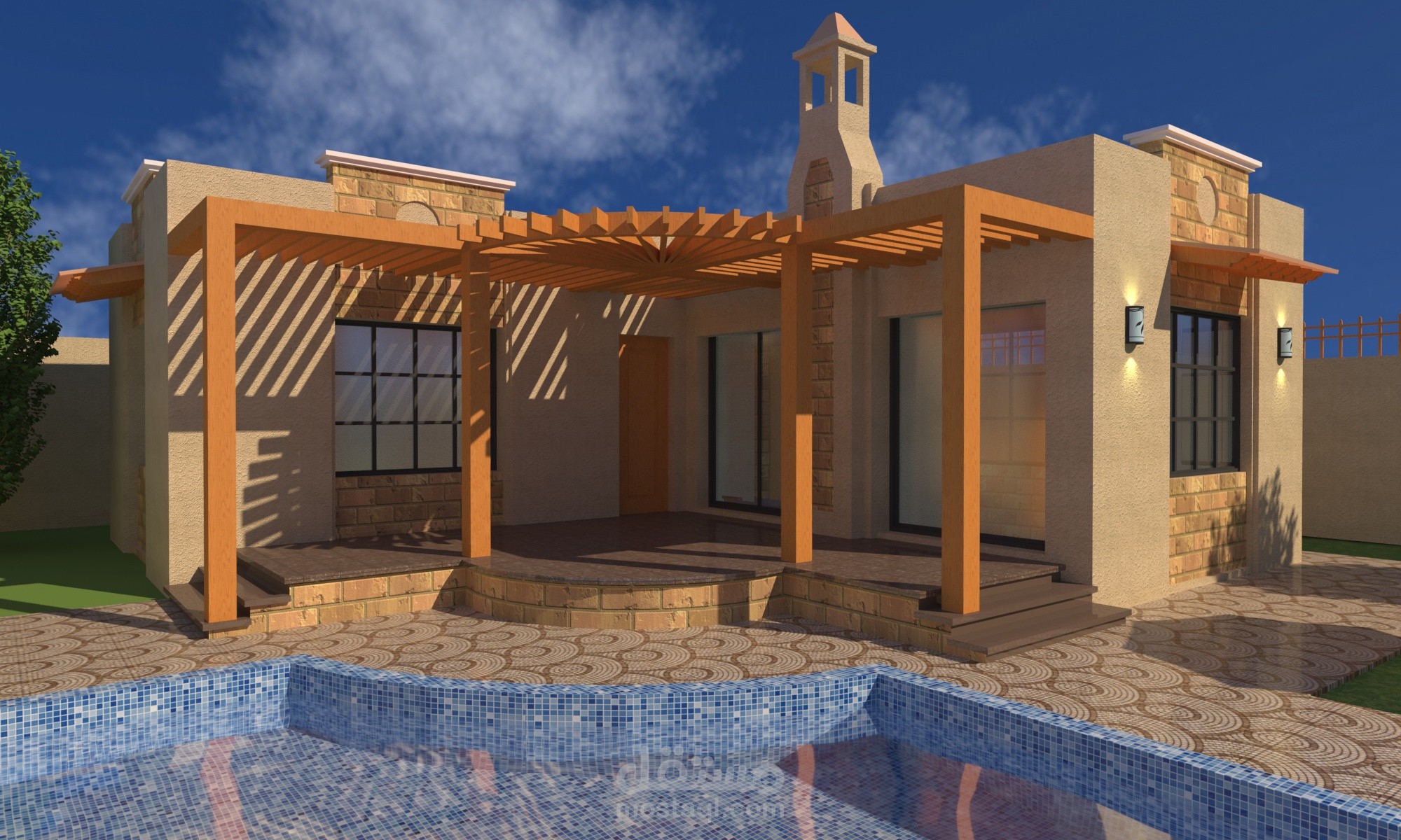 تصميم شاليه خاص مع بركة سباحة ولاند سكيب بسيط