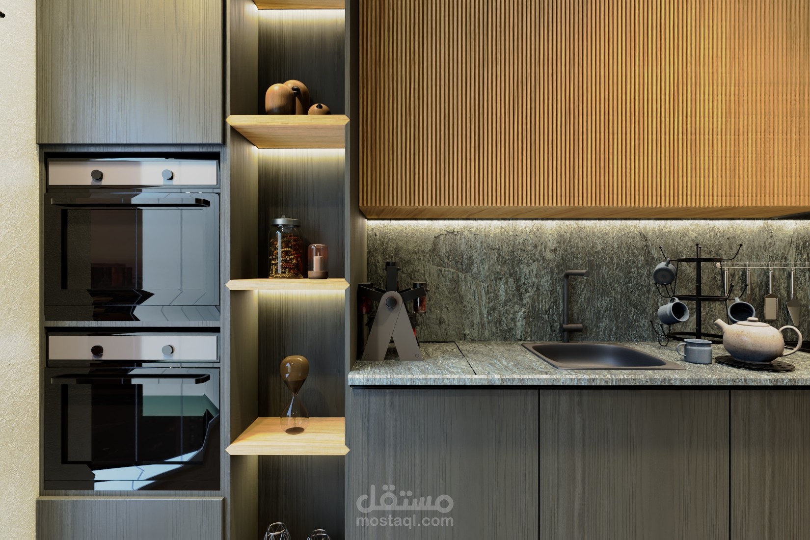 تصميم مطبخ عصري بلمسات خشبية دافئة وأناقة حديثة