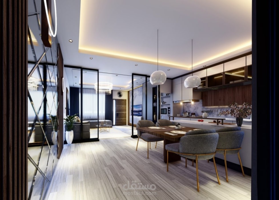 تصميم داخلي بنمط مودرن لفضاء مطبخ مفتوح واستقبال